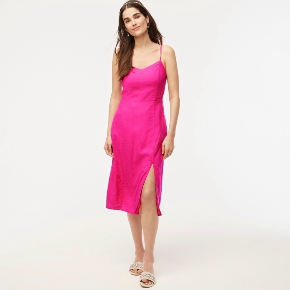 J.Crew Factory Hot Pink Linen Midi Dress Coastal Vacation Style Sz 4